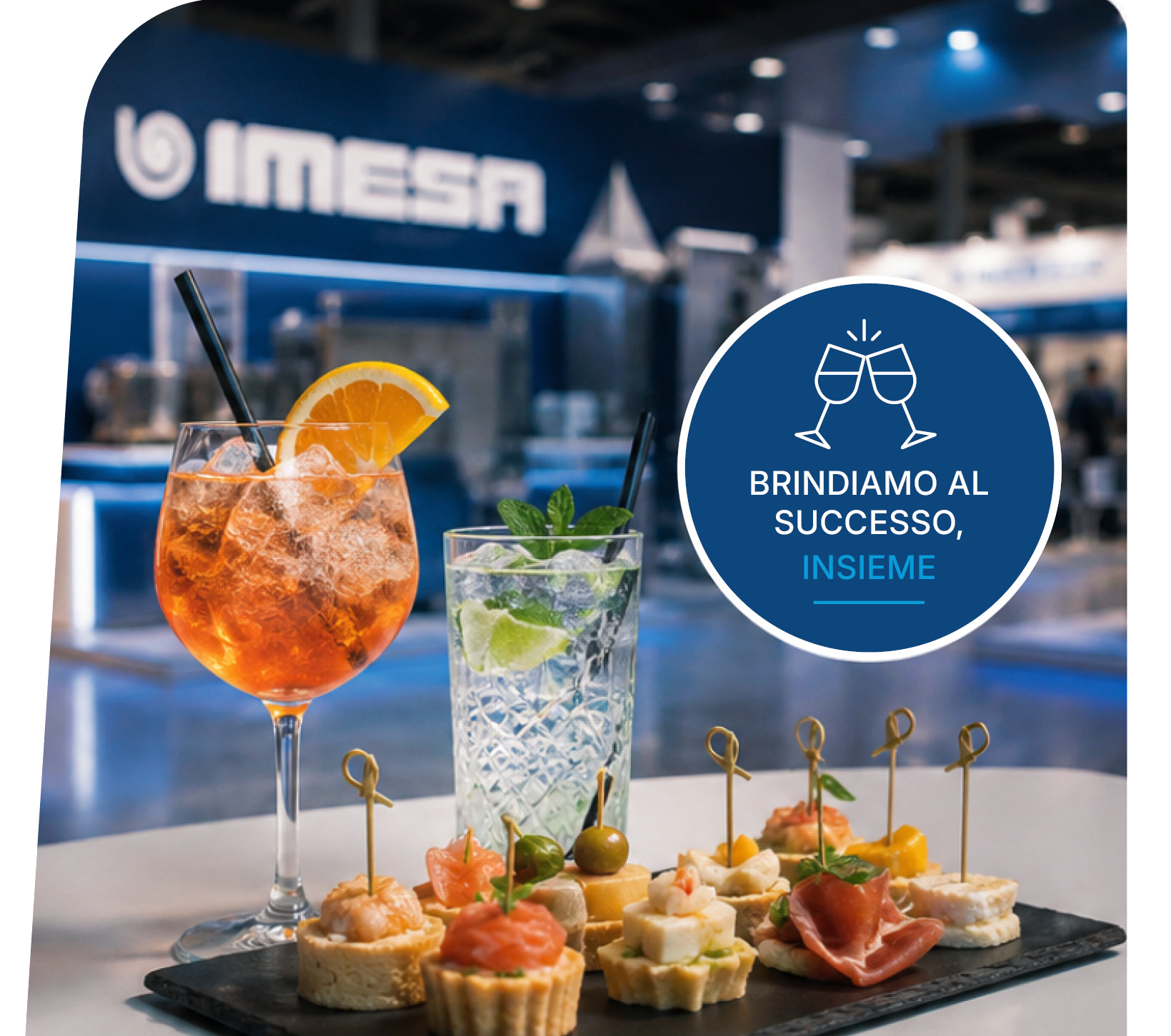 Apericena IMESA con cocktail, buffet e il messaggio Brindiamo al successo, insieme